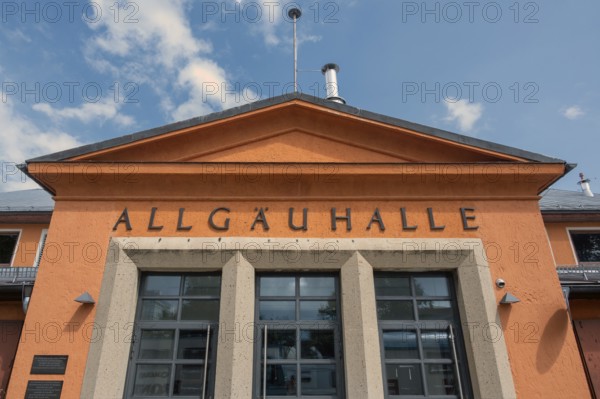 Façade with pointed gable, Allgäuhalle, Kempten, Allgäu, Bavaria, Germany