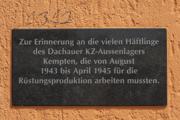 Memorial plaque on the facade of the Allgäuhalle, in memory of Jewish forced labourers, Kempten, Allgäu, Bavaria, Germany