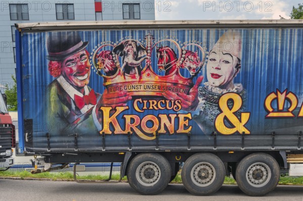 Lettering and logo on lorry trailer, Circus-Krone, Kempten, Allgäu, Bavaria, Germany