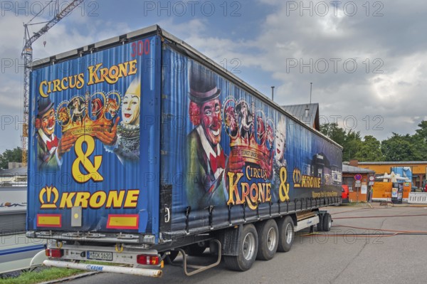 Lettering and logo on lorry trailer, Circus-Krone, Kempten, Allgäu, Bavaria, Germany