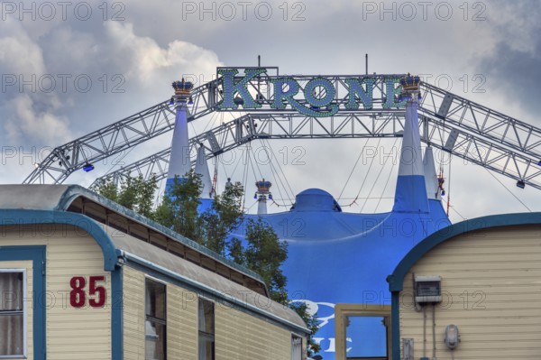 A steel structure holds the tent roof and lettering, circus tent, circus tent, Circus-Krone, Kempten, Allgäu, Bavaria, Germany
