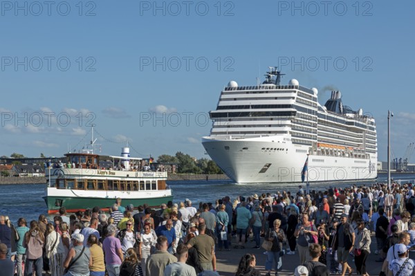 Cruise ship MSC Poesia departs, excursion ship, escort ship, people, Hanse-Sail, Unterwarnow, Warnemünde, Rostock, Mecklenburg-Western Pomerania, Germany