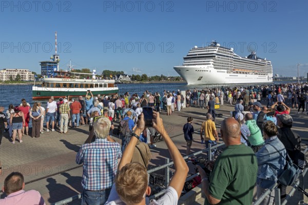 Cruise ship MSC Poesia departs, excursion ship, escort ship, people, Hanse-Sail, Unterwarnow, Warnemünde, Rostock, Mecklenburg-Western Pomerania, Germany