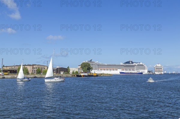 Cruise ships MSC Poesia and Aida mar in the harbour, sailing boats, Hanse-Sail, Unterwarnow, Warnemünde, Rostock, Mecklenburg-Western Pomerania, Germany