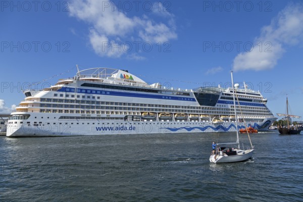 Cruise ship Aida mar in the harbour, sailing boat, Hanse-Sail, Unterwarnow, Warnemünde, Rostock, Mecklenburg-Vorpommern, Germany