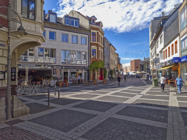 Pedestrian zone, traffic-calmed, old town, architecture, bicycles, restaurant, shops, blue sky, sunshine, Brühl, North Rhine-Westphalia, Germany