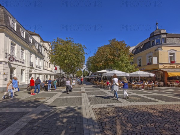 Pedestrian zone, traffic-calmed, old town, architecture, people, café, cobblestones, shops, row of trees, blue sky, sunshine, Brühl, North Rhine-Westphalia, Germany