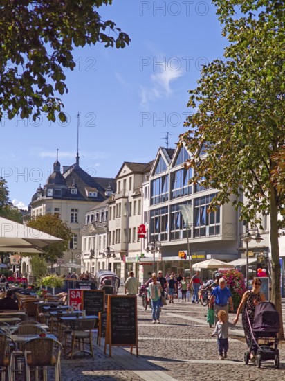 Pedestrian zone, traffic-calmed, old town, architecture, people, café, cobblestones, shops, blue sky, sunshine, Brühl, North Rhine-Westphalia, Germany