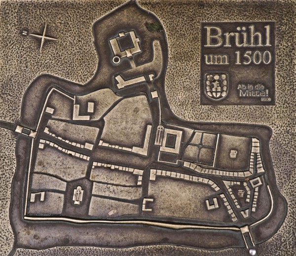 Relief of the historic town around 1500, fortification, rampart, moat, late Middle Ages, church, east-west connection, streets, town coat of arms, houses, Brühl, North Rhine-Westphalia, Germany