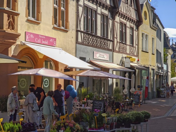 Street in pedestrian zone, French café, flower shop, traffic-calmed, old town, architecture, people, Brühl, North Rhine-Westphalia, Germany