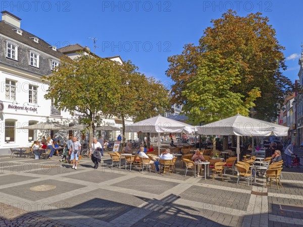 Pedestrian zone, traffic-calmed, café, trees, pavement, old town, architecture, shops, people, blue sky, sunshine, Brühl, North Rhine-Westphalia, Germany