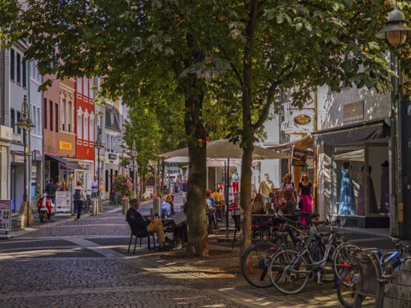 Pedestrian zone, traffic-calmed, old town, architecture, café, bicycles, trees, cobblestones, shops, people, Brühl, North Rhine-Westphalia, Germany