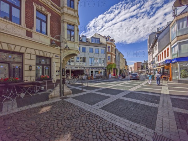 Pedestrian zone, traffic-calmed, old town, architecture, restaurant, flower box, shops, car, blue sky, sunshine, Brühl, North Rhine-Westphalia, Germany