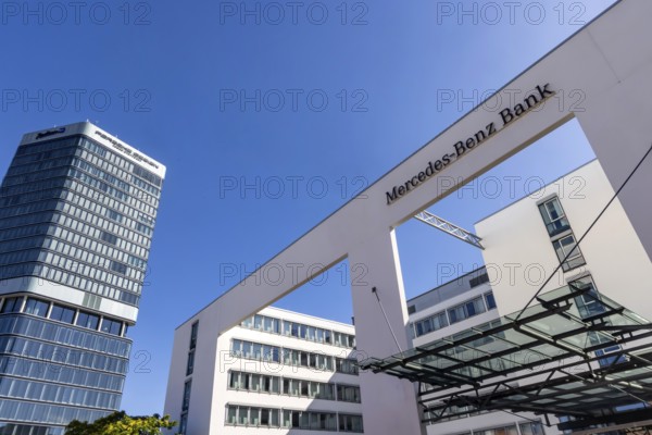 Mercedes Benz Bank Stuttgart. Exterior view with logo. On the left the Porsche Design Tower. Stuttgart, Baden-Württemberg, Germany