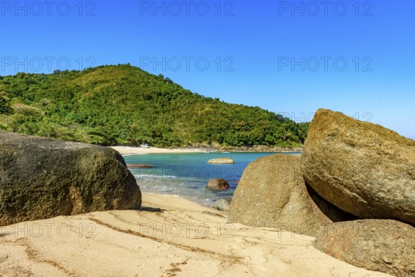 Beach and forest on the island of Ilhabela, north coast of the state of Sao Paulo, Ilhabela, Sao Paulo, Brazil
