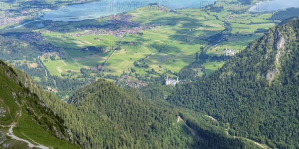 Panorama from the Säuling, 2047m, to Neuschwanstein Castle, Füssen, Schwangau, Sankt Coloman and the Forggensee, Ostallgäu, Bavaria, Germany