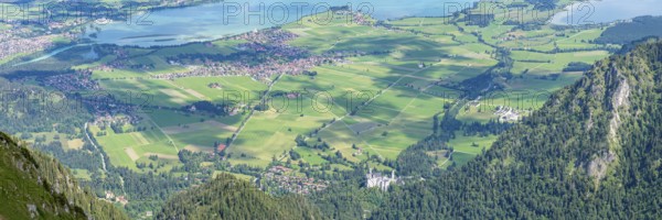 Panorama from the Säuling, 2047m, to Neuschwanstein Castle, Füssen, Schwangau, Sankt Coloman and the Forggensee, Ostallgäu, Bavaria, Germany