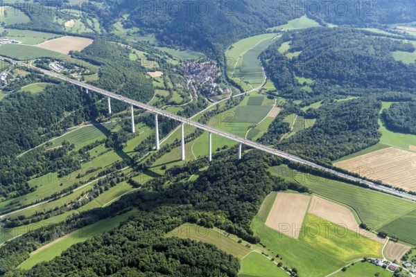 Kocher, bridge, river, Kocher valley bridge, motorway, motorway bridge, BAB A6, traffic route, pillar, infrastructure, high, aerial view, aerial view, Baden-Württemberg, Germany