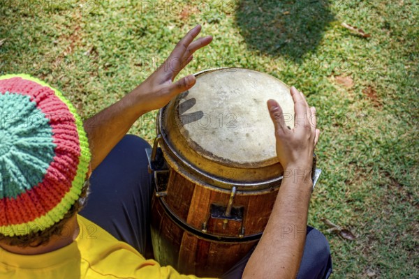 Rustic wooden drum called atabaque used in various cultural manifestations in Brazil, Minas Gerais, Brazil