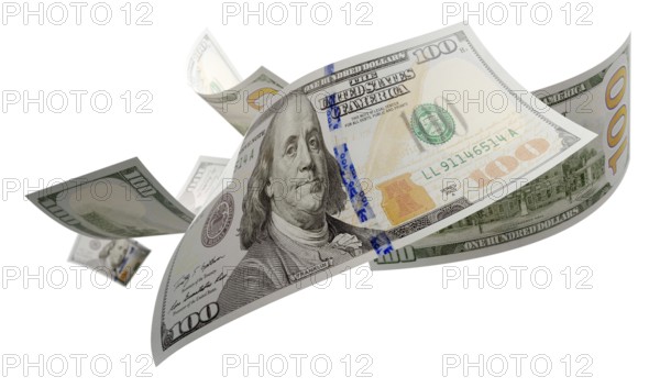 Randomly falling U.S. 100 dollar bills isolated on a white background