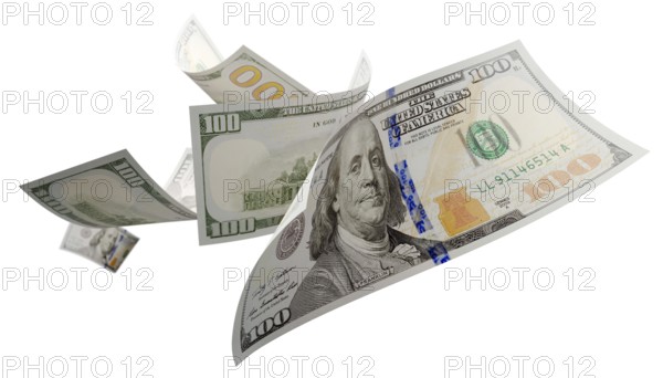 Randomly falling U.S. 100 dollar bills isolated on a white background