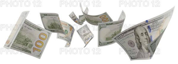 Randomly falling U.S. 100 dollar bills isolated on a white background