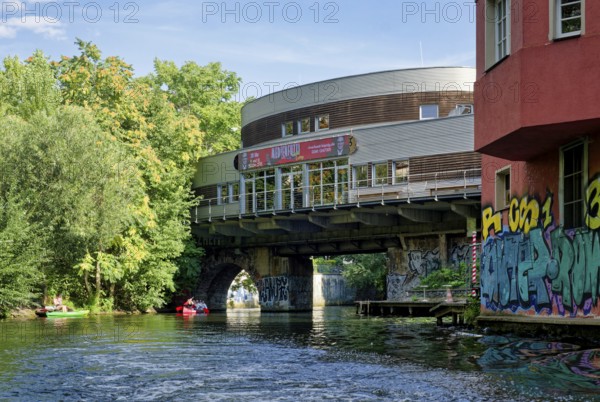 Former Riverboat Leipzig, today Kulturhafen Riverboat, event venue on an old railway bridge over the Karl Heine Canal, building for events, conferences and cultural centre, until 2008 talk show Riverboat from MDR, Plagwitz district, Leipzig, Saxony, Germany