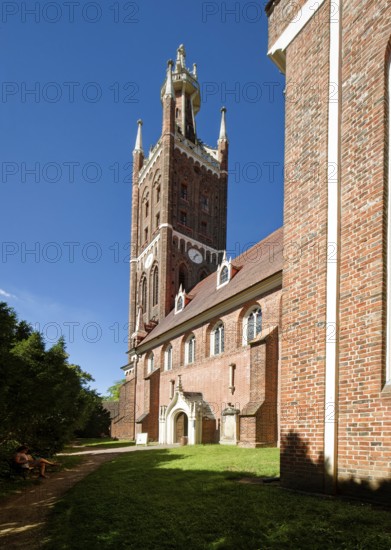 Protestant Wörlitz St Peter's Church with the neo-Gothic Bible Tower, Wörlitz Park, Wörlitz Gardens, Garden Kingdom of Dessau-Wörlitz, UNESCO World Heritage Site, Wörlitz, Dessau-Roßlau, Saxony-Anhalt, Germany