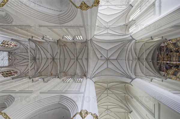 Star-ribbed vault, choir, Gothic figure painting, Marienkirche, Protestant-Lutheran, North German brick Gothic, basilica, three naves, built from 1290 to mid-15th century, harbour town, Hanseatic city, university town, Rostock, Mecklenburg-Western Pomerania, Germany