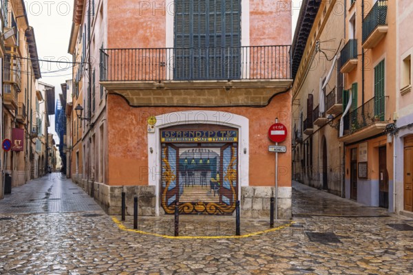 Empty street in a residential area with a painting on a shutter at a cafe on a street corner, Palma de Mallorca, Mallorca, Spain