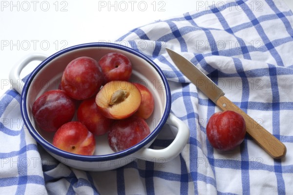 Red plums in skin on cloth, Prunus domestica