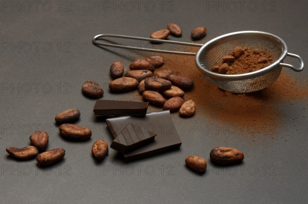 Kitchen sieve with cocoa powder and chocolate, cocoa and cocoa beans