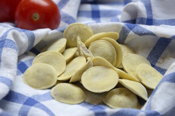 Anolini, filled pasta pockets on kitchen towel, pasta variety from Italy, Anolini piacentini