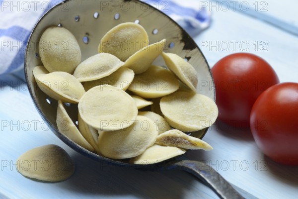 Anolini, filled dumplings in a sieve, pasta variety from Italy, Anolini piacentini