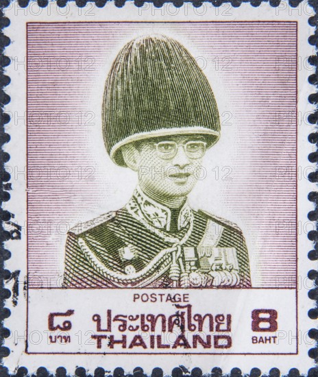 Maha Vajiralongkorn, born in 1952, has been the King of Thailand since 2016. He is the tenth monarch from the Mahidol family of the Chakri Dynasty and reigns under the name Rama X. Portrait on a Thai postage stamp