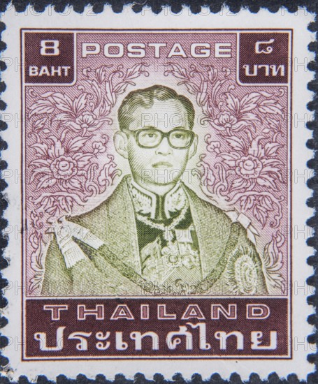 Maha Vajiralongkorn, born in 1952, has been the King of Thailand since 2016. He is the tenth monarch from the Mahidol family of the Chakri Dynasty and reigns under the name Rama X. Portrait on a Thai postage stamp