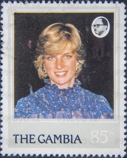 Diana, Princess of Wales, Diana Frances, (1961- 1997) was the first wife of Charles III. Portrait on Gambian postage stamp