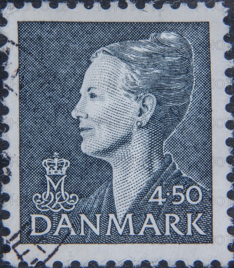 Margrete II, born 1940, Queen of Denmark. Portrait on a Danish postage stamp