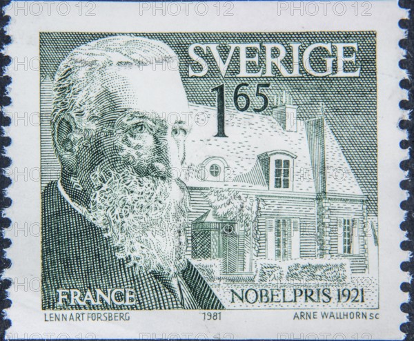 Anatole France, pseudonym of Jacques Anatole François Thibault, (1844-1924), French writer who received the Nobel Prize in Literature in 1921. Portrait on a Swedish postage stamp