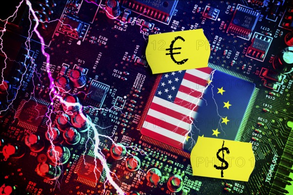 Computer chip with US and EU flags with price labels, symbolic photo Dispute over European digital laws and taxes for US digital companies, photomontage