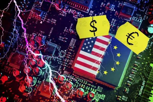 Computer chip with US and EU flags with price labels, symbolic photo Dispute over European digital laws and taxes for US digital companies, photomontage