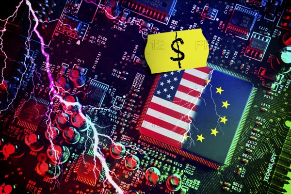 Computer chip with US and EU flags with price label and dollar sign, symbolic photo Dispute over European digital laws and taxes for US digital companies, photomontage
