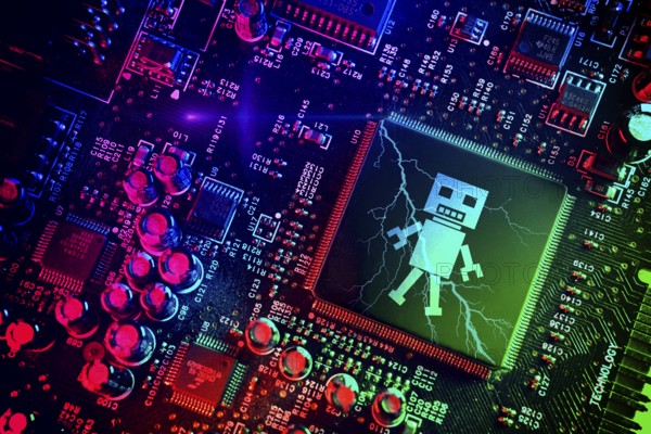 Computer chip with robot figure, symbolic photo of artificial intelligence, photomontage
