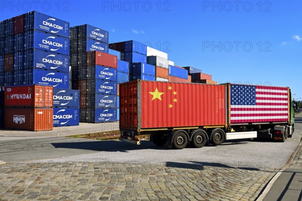 Container with USA and China flag on a lorry, stacked containers in the background, customs dispute between USA and China, photomontage