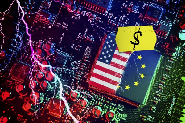 Computer chip with US and EU flags with price label and dollar sign, symbolic photo Dispute over European digital laws and taxes for US digital companies, photomontage