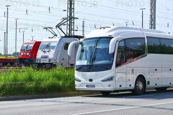Goods trains and coach in the harbour area of Hamburg, Germany