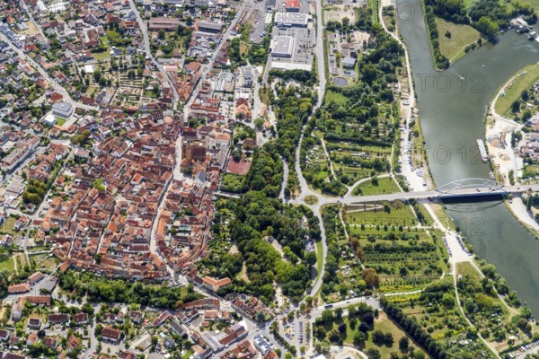 Volkach, city, Bavaria, Lower Franconia, district Kitzingen, historical, wine-growing region, Main, river, bridge, aerial view, Germany