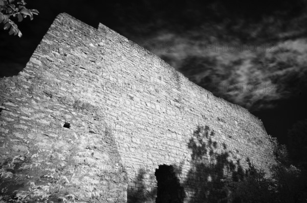 Tor tor and kennel of the castle ruins of Hofen Castle, Mühlhausen am Neckar district, infrared image, black and white, Stuttgart, Baden-Württemberg, Germany