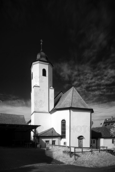 St Barbara's Catholic Church from 1783, Hofen, district of Mühlhausen am Neckar, infrared image, black and white, Stuttgart, Baden-Württemberg, Germany