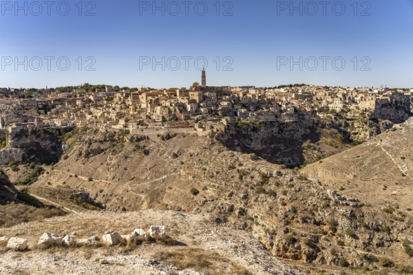 City view with the Sassi cave settlements and the cathedral of Matera, Basilicata, Italy